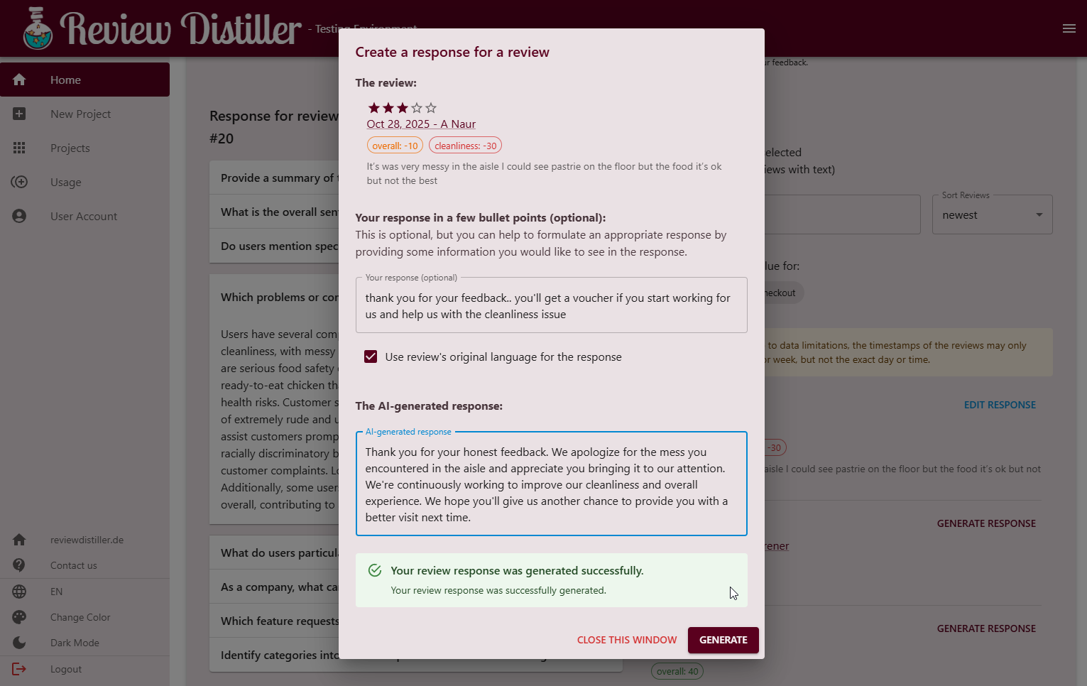 AI-drafted response to a review