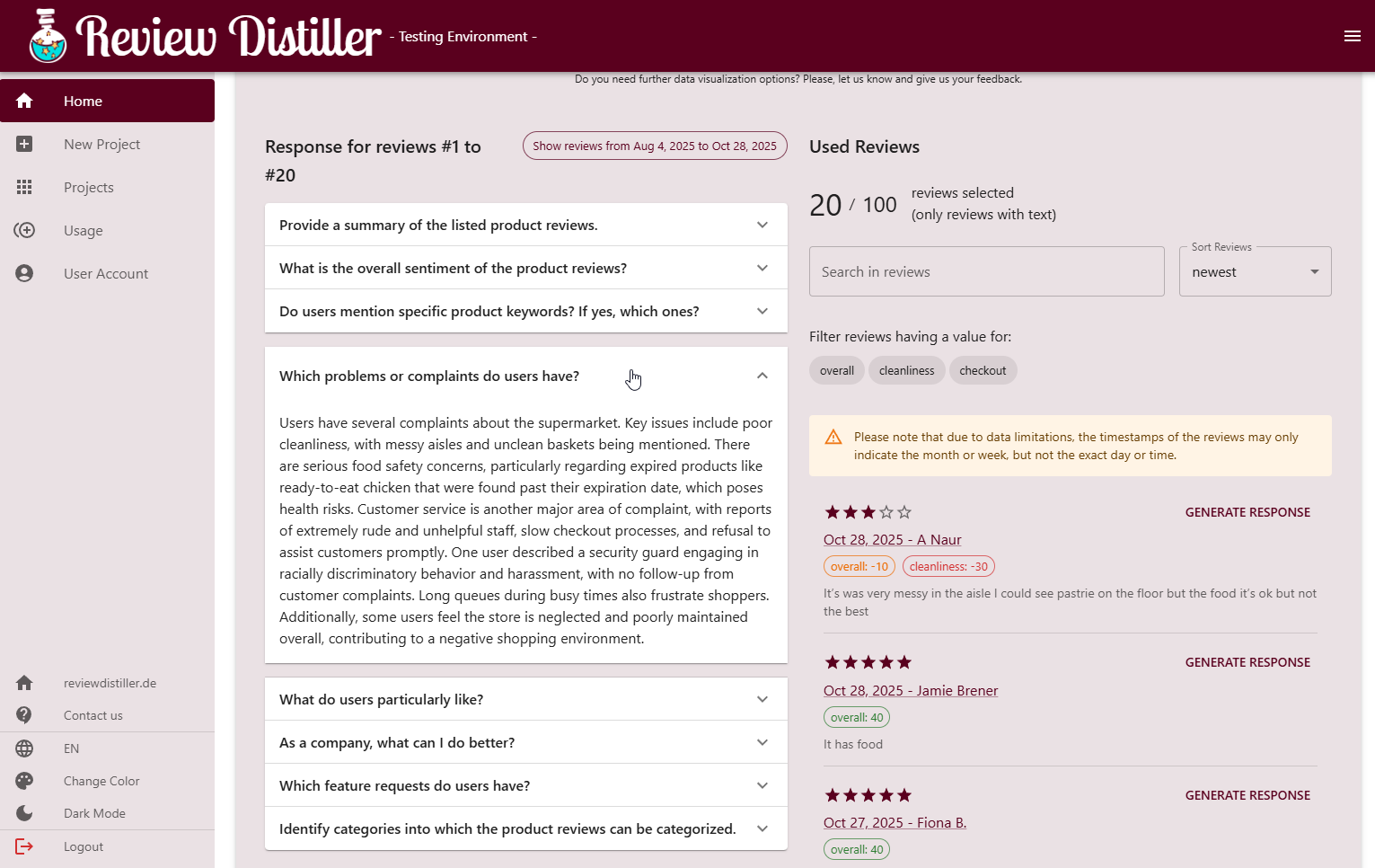 AI analysis - questions answered from the reviews